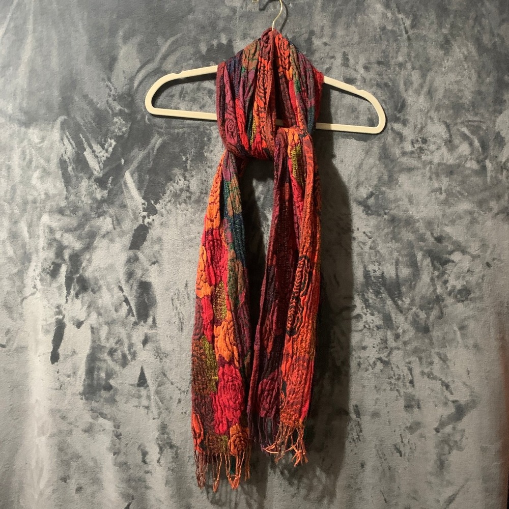 Women's Multicolor Floral Crinkle Scarf Wrap Shawl with Fringe Red Orange Purple